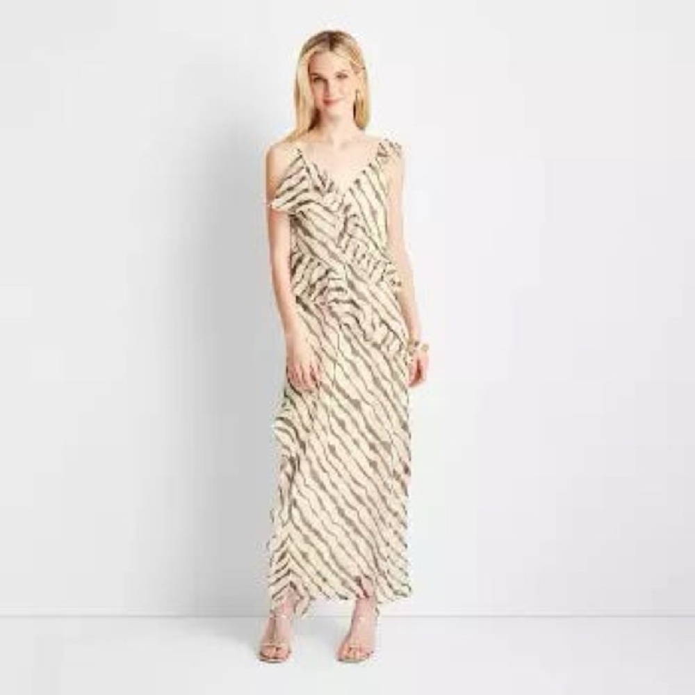 Future Collective V-Neck Ruffle Trim Cream & Brown Striped Maxi Dress Size XS
